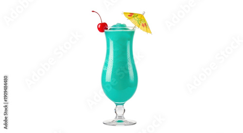 Refreshing blue cocktail with cherry and umbrella isolated PNG, tropical drink for summer party on transparent background