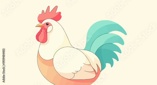 A stylized rooster with a red comb and teal tail on a cream background