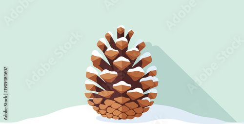 A stylized brown pinecone covered in white snow sits on a snowy surface
