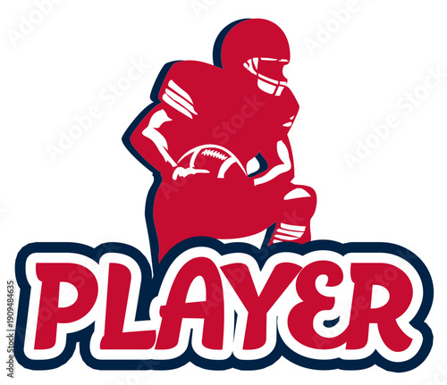 “Player” written in bold rounded letters with a football player leaning against the text.Two-tone vector design with   nautical blue, red, black and silver , perfect for sports and football-themed