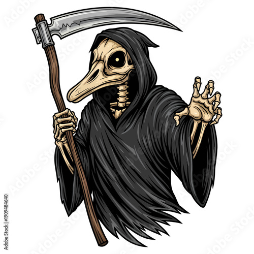 Grim reaper with duck skull head wearing black robe and holding sharp scythe vector illustration