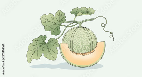 A slice of cantaloupe with leaves and vine on a light background