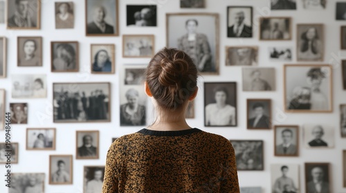 Person viewing a family tree display of ancestor photograph on a wall, evoking lineage, memory, and genealogy.