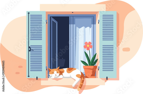 A sleeping cat rests on a windowsill next to a potted flower, with open shutters