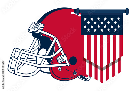 Dynamic   nautical blue, red, black and silver football helmet and American flag vector, bold sport design blending hockey and street art graffiti lettering, multicolor typography art illustration