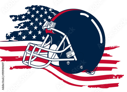 Dynamic nautical blue, red, and silver football helmet with an American flag, bold sport design blending hockey and street art graffiti lettering, multicolour typography art illustration.