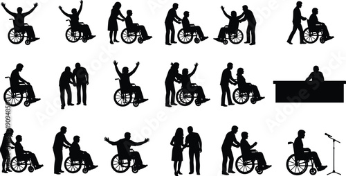 Set of wheelchair user silhouettes with caregivers providing assistance, rehabilitation support, and inclusive healthcare services concept for disability awareness and accessibility design.