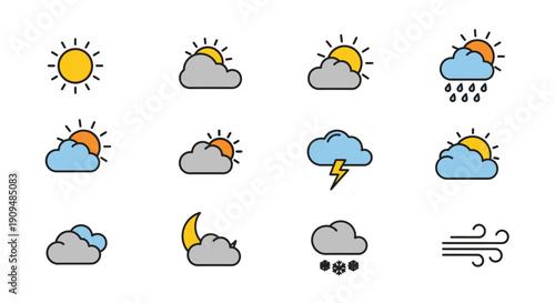 Illustration of various weather conditions icons, useful for climate forecasts and reports