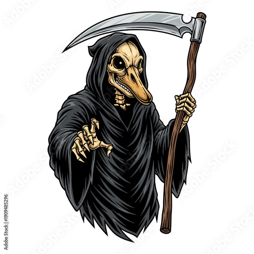 Grim reaper with duck skull head wearing black robe and holding sharp scythe vector illustration
