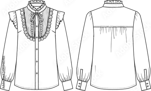 Women blouse fashion flat sketch, front and back view, ruffle collar, bow tie, lace detail, vector CAD drawing illustration