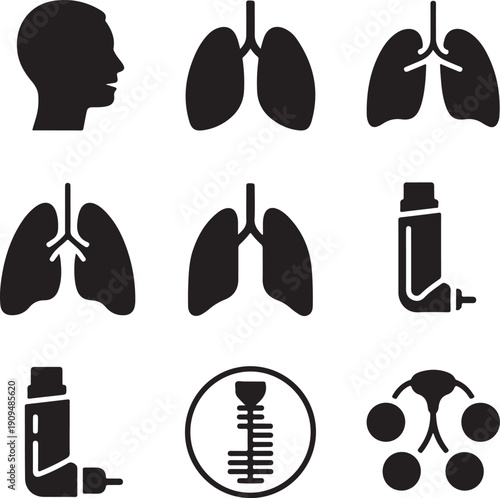 Lungs icons, asthma inhaler, respiratory system, human breath, medical anatomy, pulmonology health concept