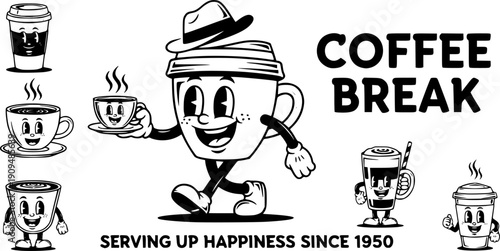 Coffee character. Retro coffee shop poster. Vintage walking drink mascot with text. Cafe menu with coffee cup, espresso mug, cappuccino, latte. Groovy comic vector set