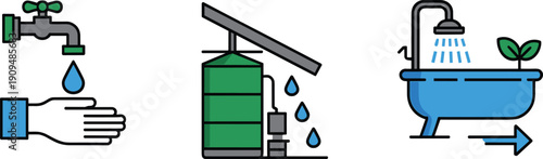 Water conservation and sanitation icons set featuring handwashing rainwater harvesting system and eco friendly bathroom illustrations for sustainable living and hygiene awareness concept