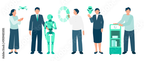 Diverse Office Workers Paired with Individual AI Assistants in a Future Workplace Ecosystem Concept