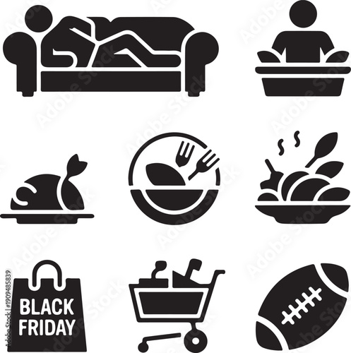 Thanksgiving icons, roasted turkey, black friday, shopping bag, american football, relaxing sofa, holiday dinner