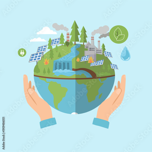 Global warming vs renewable energy concept on earth globe held by hands. Vector illustration of climate change impact with pollution and green solution with solar panels and reforestation