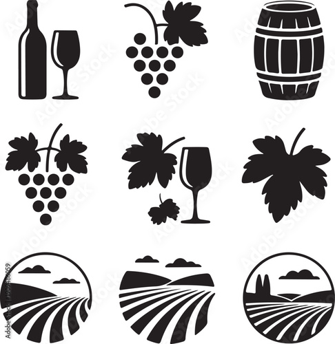 Wine icons, grape fruit, vineyard landscape, wine bottle, wooden barrel, alcohol drink, winery agriculture