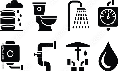 Water supply and sanitation icon set featuring rain barrel, toilet, shower, water meter, pipe, tap, filtration system and water drop symbols