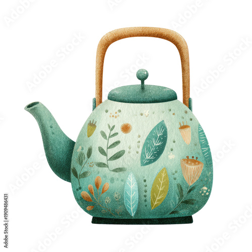 Charming teal teapot adorned with botanical patterns, set against a stark black backdrop