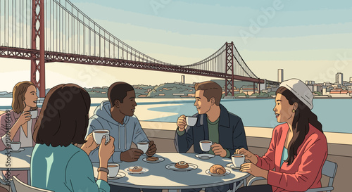 Group of friends having a meal together outdoors with a scenic view.