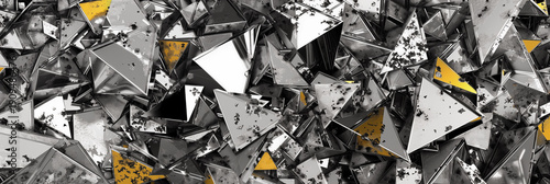 Rendering of abstract metallic shapes scattered across a surface in a random arrangement during daylight