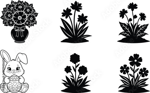 Black and white silhouette illustrations of flowers and a rabbit silhouette
