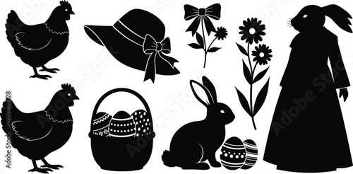 Easter silhouette graphics featuring a woman chickens bunny eggs basket hat bow and flowers