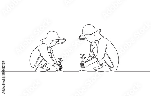Continuous one line drawing of mother and daughter planting young seedlings together, family activity concept, single line art.