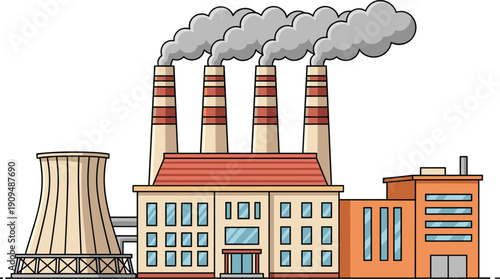 Industrial Power Plant Vector Illustration Featuring Large Smoking Chimneys Cooling Towers and Factory Buildings Representing Energy Production 