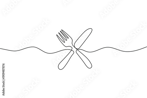 Knife and fork one line drawing for restaurant logo or minimalist menu design