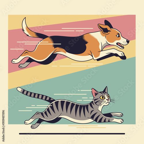 Energetic Dog and Cat Running Together in Motion.