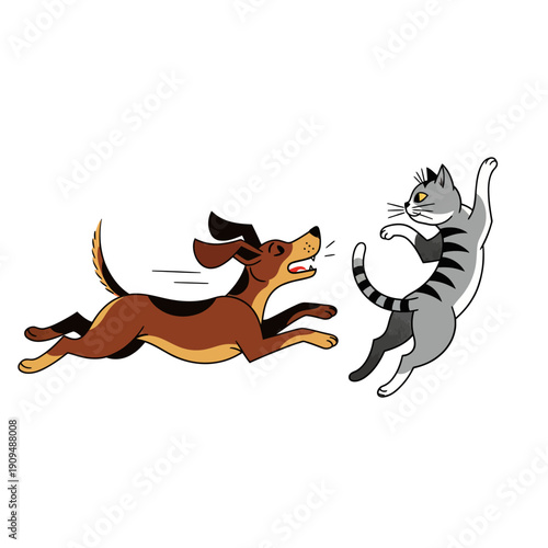 Playful dog chasing a startled cat illustration.
