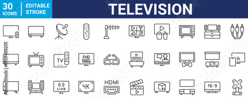 Television vector icons set. TV, broadcasting, streaming, smart TV, media, digital video, entertainment and technology icons in flat style.