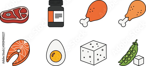 Healthy Protein Food Vector Illustration Set Featuring Meat Steak, Salmon Fish, Chicken Drumsticks, Boiled Egg, Tofu, Green Peas, and Supplement Bottle for Diet Nutrition Plan