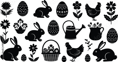 Easter themed silhouette illustrations of bunnies chickens eggs flowers and basket
