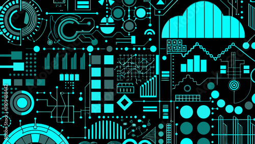 Abstract teal and black technological circuit board pattern background