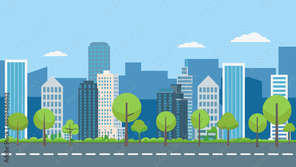Naklejka premium A flat colorful illustration of a modern city skyline with trees