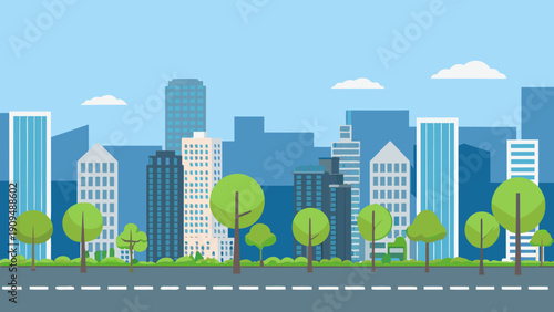 A flat colorful illustration of a modern city skyline with trees