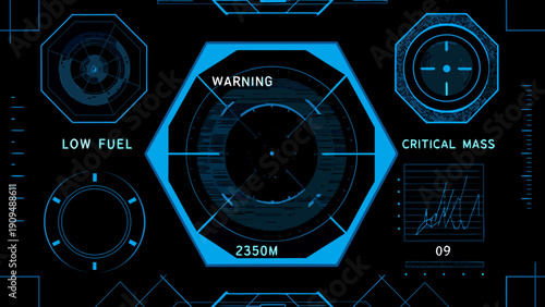 Futuristic heads up display with warning indicators and targeting reticle