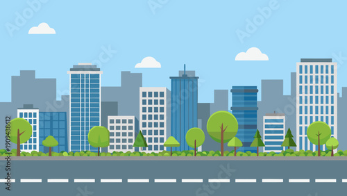 A stylized cityscape with modern buildings and a bright blue sky