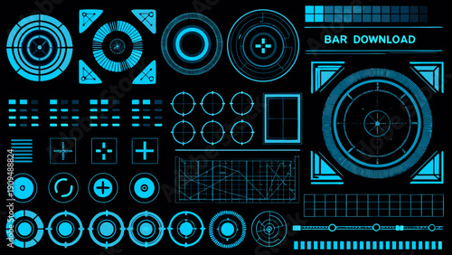 Futuristic interface elements in bright cyan on a black background