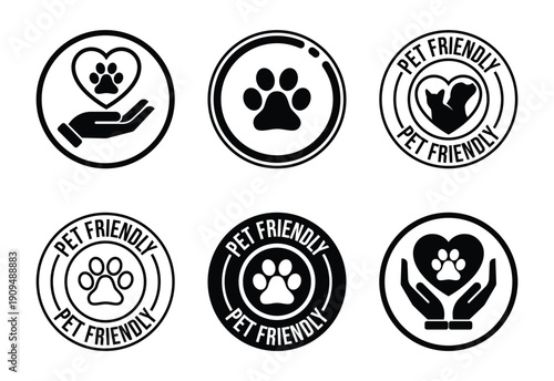 Pet friendly icons with paw prints and hearts for business advertising animals and pets