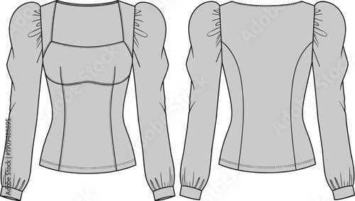 Women’s puff sleeve blouse technical fashion sketch, square neckline princess seams, garment flat drawing, apparel design vector illustration, CAD