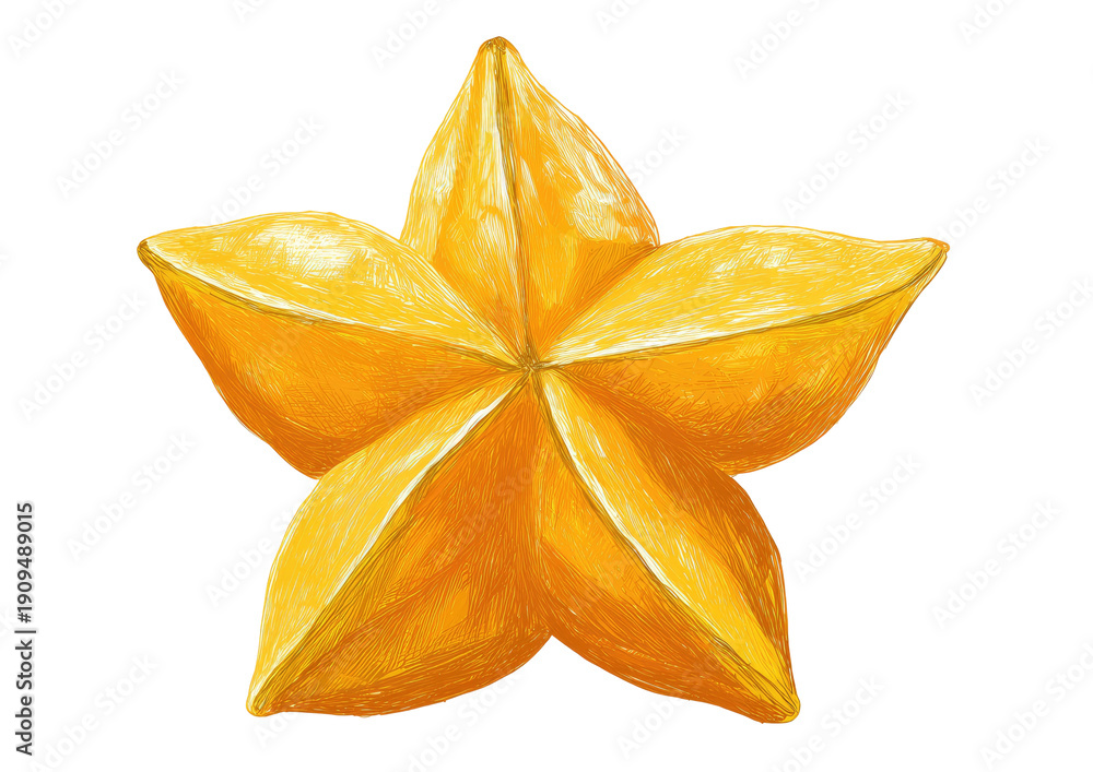 Fototapeta premium A vibrant, detailed illustration of a star fruit, showcasing its five-pointed shape and golden hues