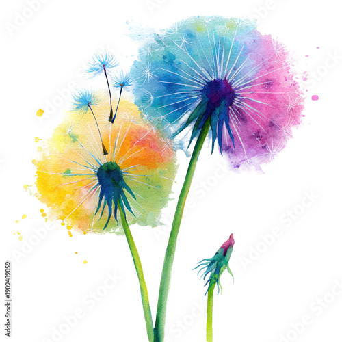 Watercolor dandelion blossoms bursting with vibrant colors against a black backdrop