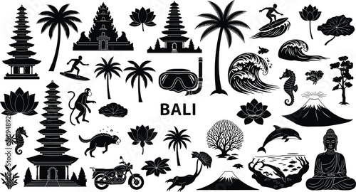 Bali silhouettes collection, Indonesian culture landmarks and nature icons, temples palm trees waves animals travel illustration isolated black on white