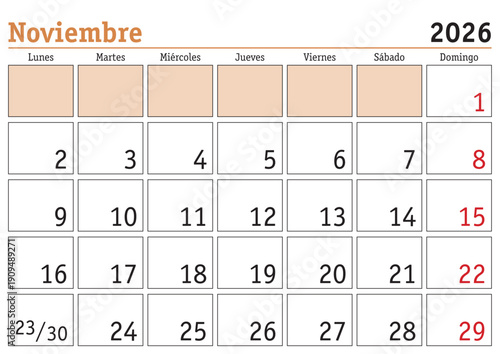 November 2026 spanish Monthly Wall Calendar Template - Modern Minimalist Design