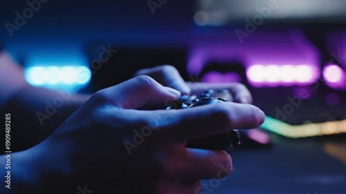 Close-up of hands holding a video game controller in a dark room with colorful lights
