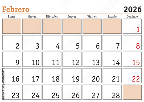 February 2026 spanish Monthly Wall Calendar Template - Modern Minimalist Design