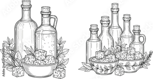 Elegant Botanical Line Art Illustration Set Featuring Glass Bottles of Olive Oil Traditional Feta Cheese Cubes and Herbal Leaves for Organic Food Branding